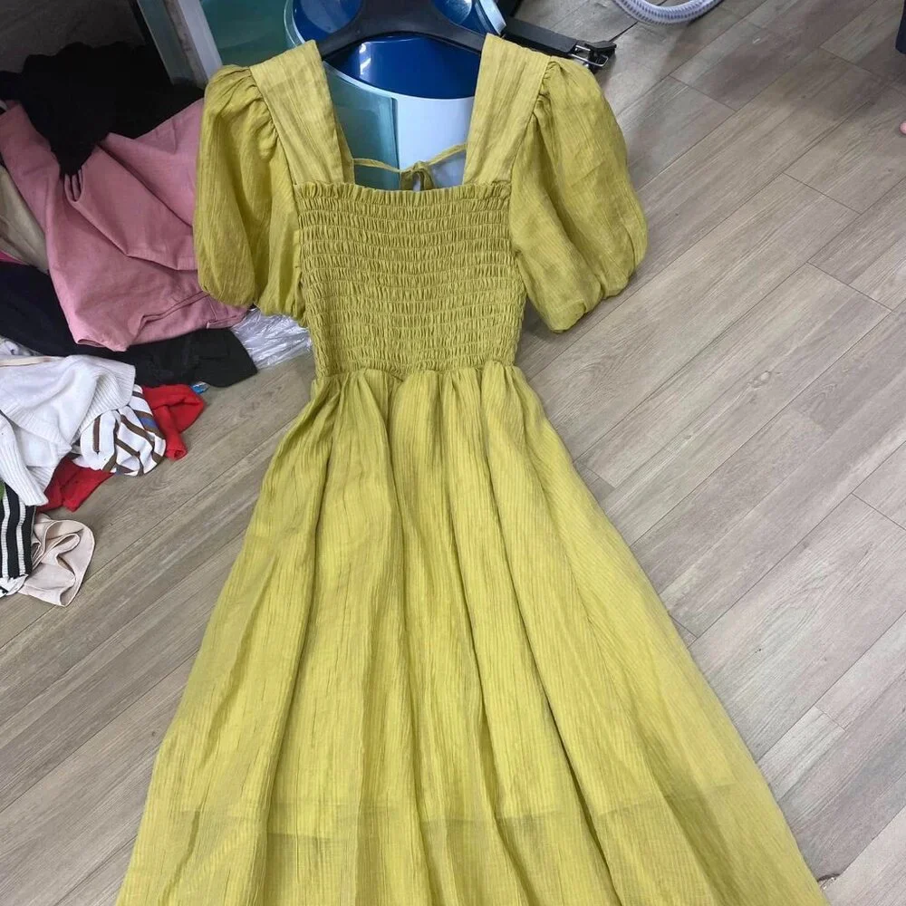 Square Neck Short Sleeve Puff Dress - Long Length - Picture 1 of 5